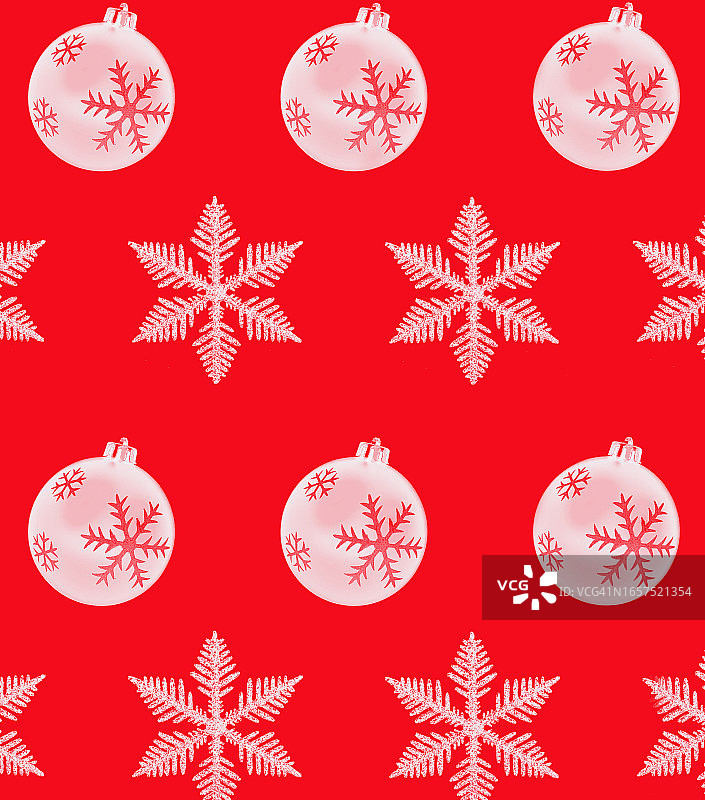 圣诞球和雪花红色背景无缝图案图片素材
