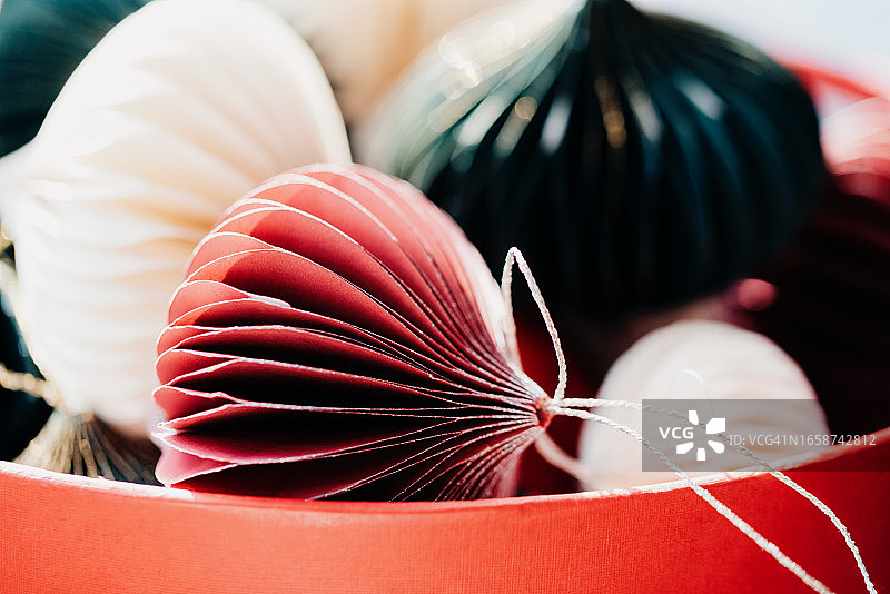 红色盒子纸制圣诞饰品合集特写图片素材