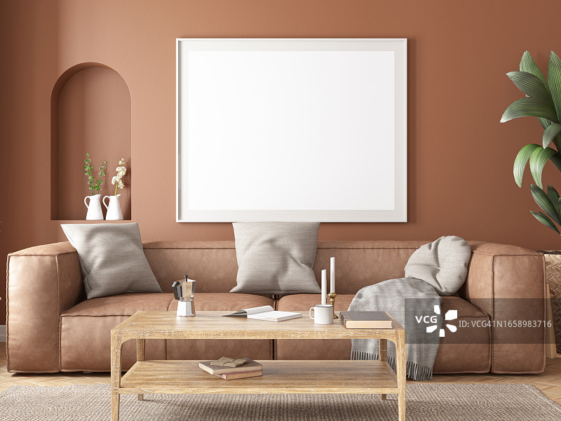 带沙发和样机相框的现代公寓客厅室内设计图片素材