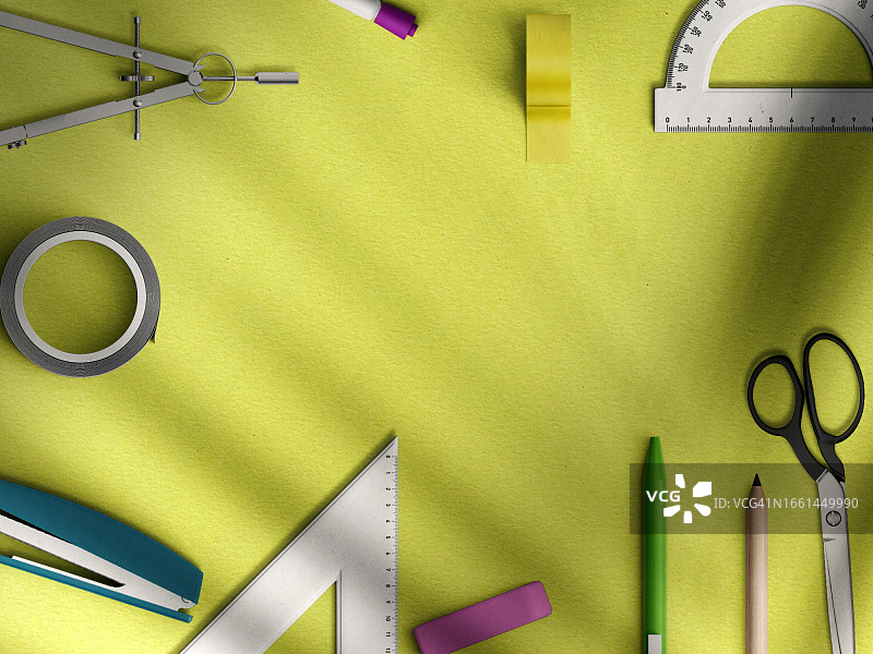 返校季概念：黄色背景中的办公用品和计算器图片素材