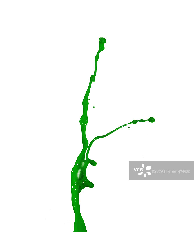 白色背景上的绿色丙烯酸涂料的水滴和飞溅图片素材
