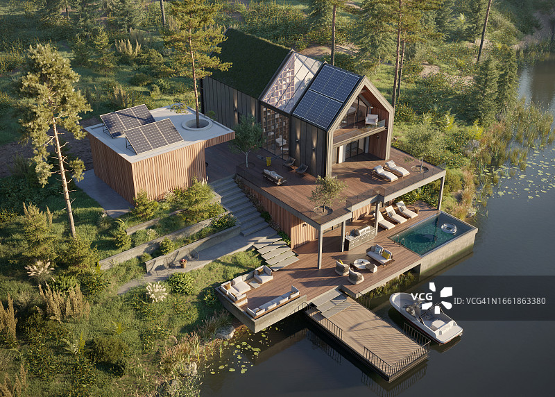 湖边带小船甲板的现代森林住宅图片素材