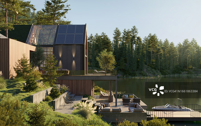 3D渲染：夏季湖边的森林房屋，周围环绕着树木图片素材
