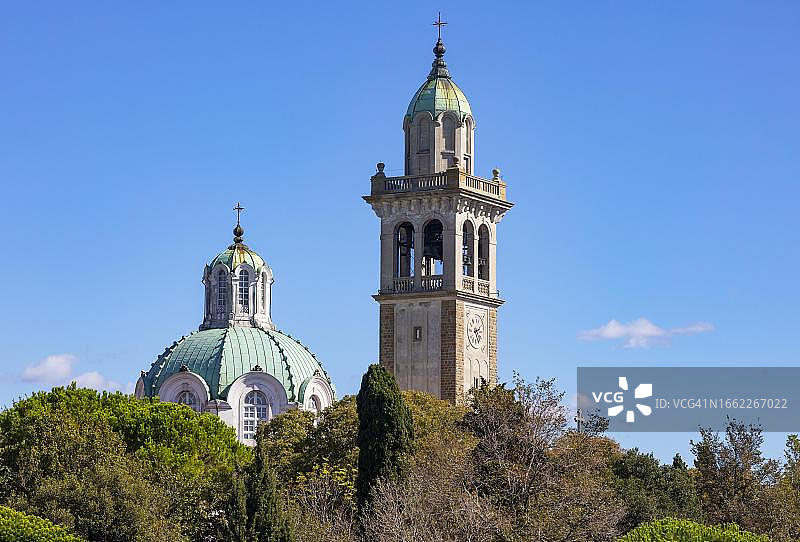 方济各会修道院，巴尔巴纳岛上的Santuario di Barbana朝圣教堂，位于意大利弗留利-威尼斯朱利亚的格拉多泻湖图片素材