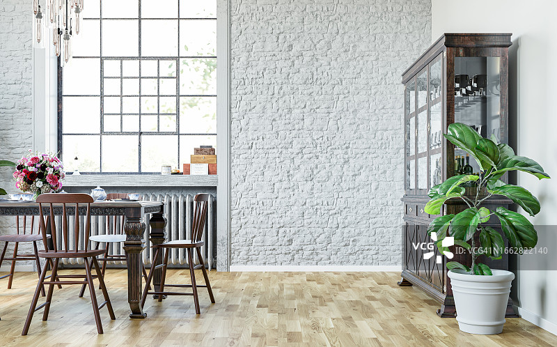 复古室内侧视图：灰色砖墙的餐厅，配有餐桌椅、玻璃柜、盆栽和工业风窗户图片素材