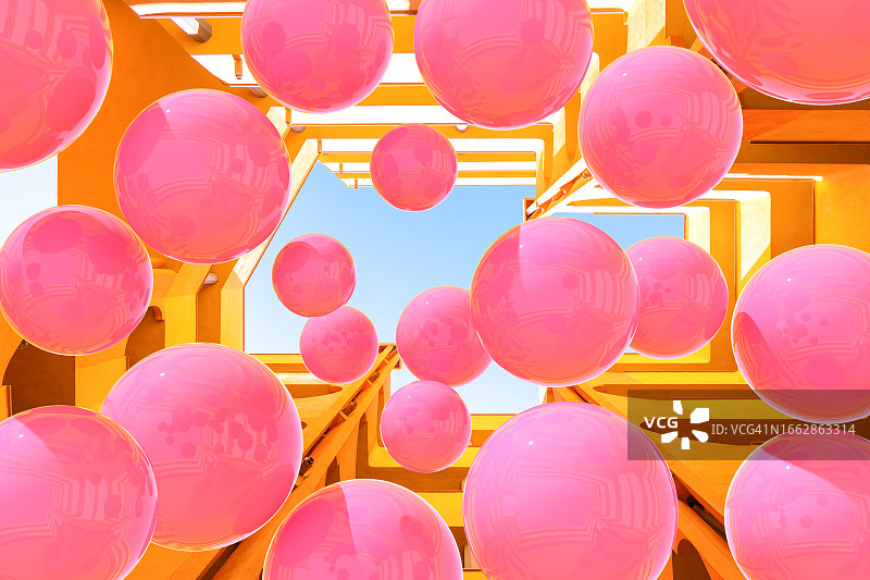 黄色建筑庭院内悬浮的粉色数字3D球体图片素材