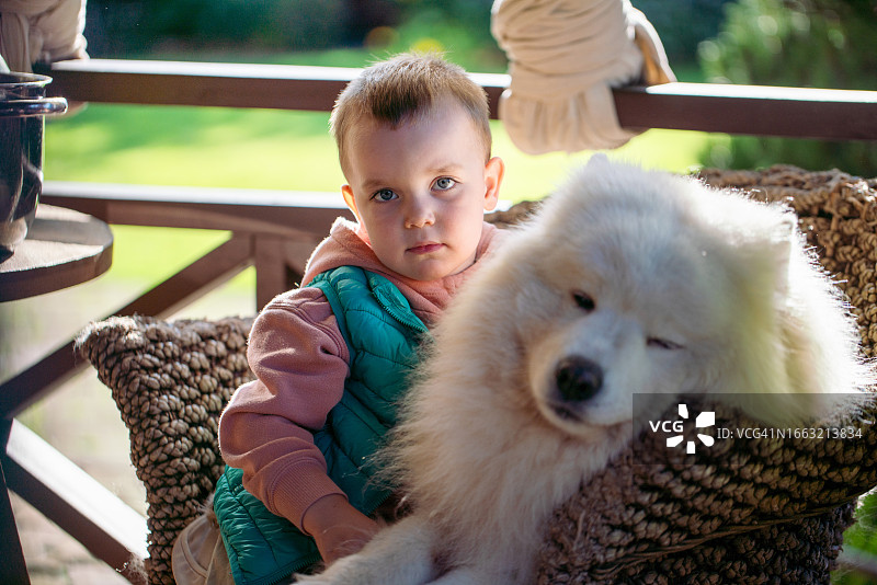 可爱的男孩与小狗坐在乡间别墅露台的扶手椅上图片素材
