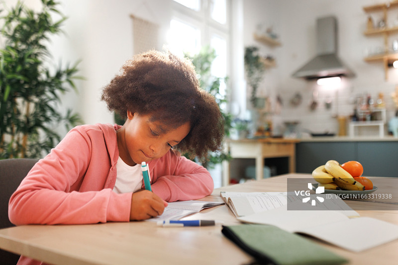 年轻女孩在家做作业图片素材