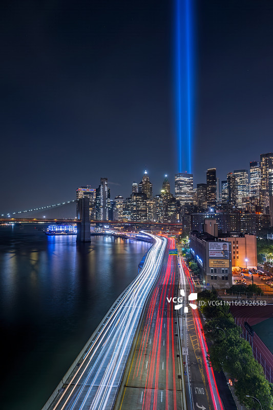 纽约市9/11事件22周年纪念 Tribute In Light 年度测试首夜图片素材
