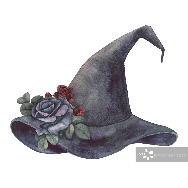 白色背景上带有魔法玫瑰的女巫空帽子，水彩手绘黑暗幻想草图插图。艺术设计神秘万圣节女巫装饰，恐怖贺卡图片素材