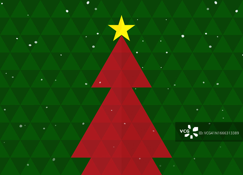 绿色三角形背景上带有黄色三角形星星的红色圣诞树和雪景图片素材
