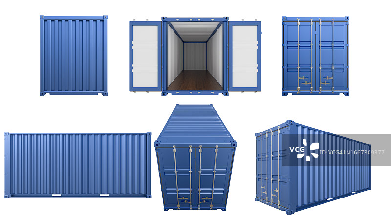 各种角度的集装箱设计白色背景，用于模切图片素材