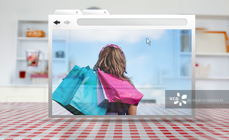 数字互联网窗口展示购物袋女孩图片素材