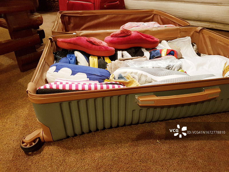 装满整齐衣物的开放行李箱图片素材