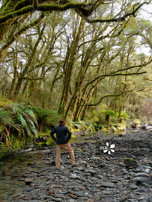 戴着软呢帽的男人在新西兰哈斯特帕斯国家公园旅行图片素材