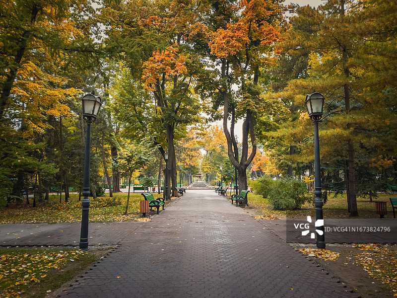 空旷城市公园的秋季雨天：基希讷乌斯特凡三世大帝广场的落叶美景图片素材