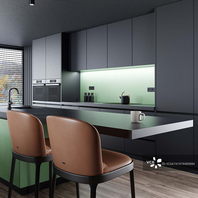 采用深色材料的现代简约厨房图片素材
