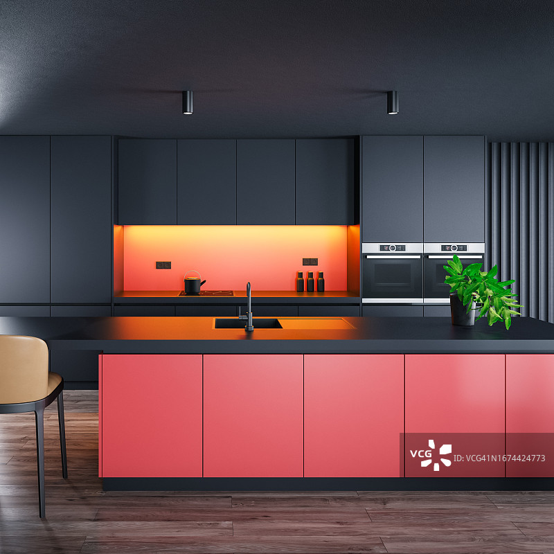 带长岛和凳子的黑色现代简约厨房，深色材料图片素材