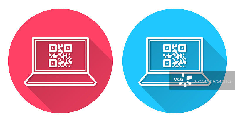 带有二维码的笔记本电脑，红色或蓝色背景上的长阴影圆形图标图片素材