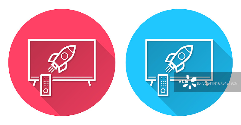 带有火箭的电视，红色或蓝色背景上的长阴影圆形图标图片素材
