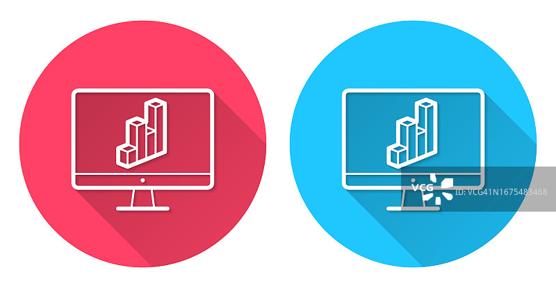 带有3D图表的台式电脑圆形长阴影图标图片素材