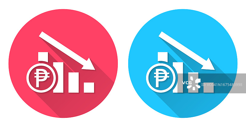 比索汇率下降图表。红色或蓝色背景上的长阴影圆形图标图片素材
