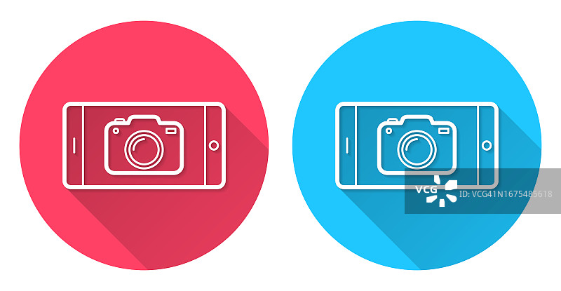 带摄像头的智能手机红蓝背景长阴影圆形图标图片素材