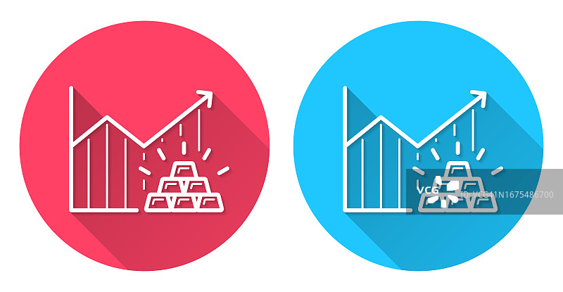 黄金价格上涨图表。圆形图标与长阴影在红色或蓝色的背景图片素材