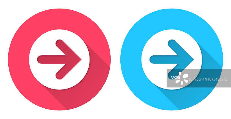 向右箭头按钮。红色或蓝色背景上的圆形长阴影图标图片素材