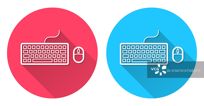 键盘和鼠标，红色或蓝色背景上的圆形长阴影图标图片素材