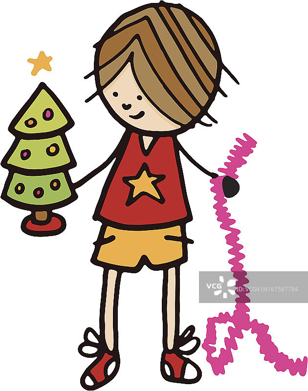 男孩与小圣诞树和彩带图片素材