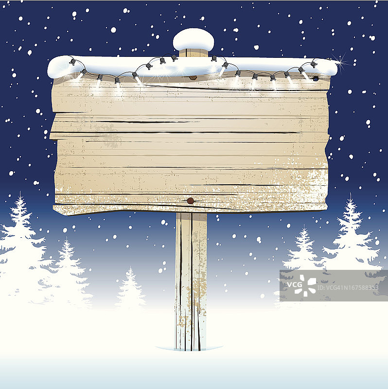 雪地里带有节日灯的旧木牌图片素材