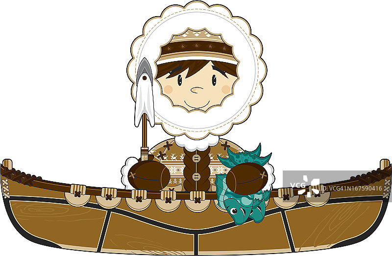 在独木舟上可爱的因纽特渔民图片素材