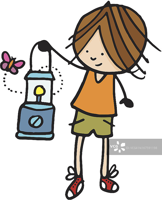 男孩举着一盏带蝴蝶或飞蛾的灯笼图片素材