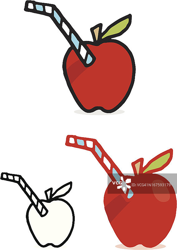 插着吸管的苹果插画图片素材