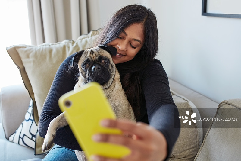 微笑自拍女子和沙发上的宠物狗图片素材