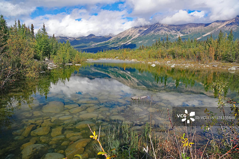 清澈透明的湖泊，秋天的色彩，位于美国阿拉斯加州麦卡锡的兰格尔-圣伊莱亚斯国家公园图片素材