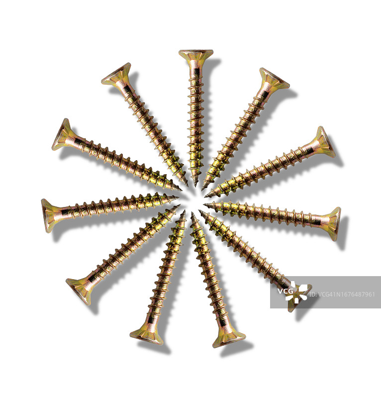 白色背景上带阴影的金色螺丝钉图片素材