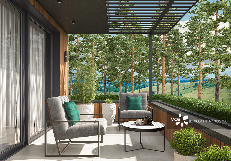 松树林中带绿色花园的现代豪华别墅阳台图片素材