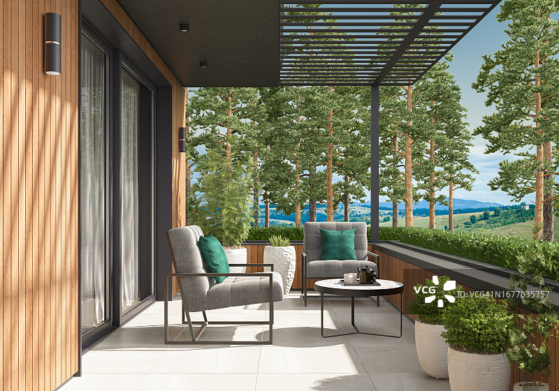 松树林中带绿色花园的现代豪华别墅阳台图片素材