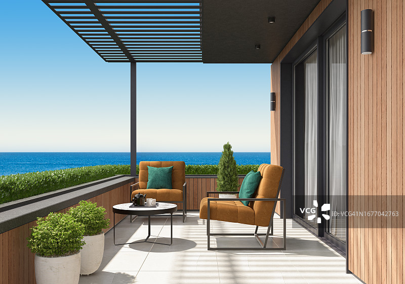 享有清晰海景的现代豪华别墅阳台图片素材