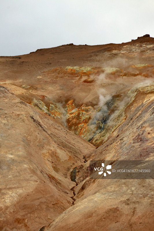 冰岛Hverir地热区冒气的喷气孔和硫磺沉积物图片素材