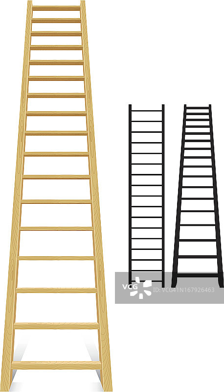 三种不同尺寸的梯子，2个黑色，1个棕色图片素材