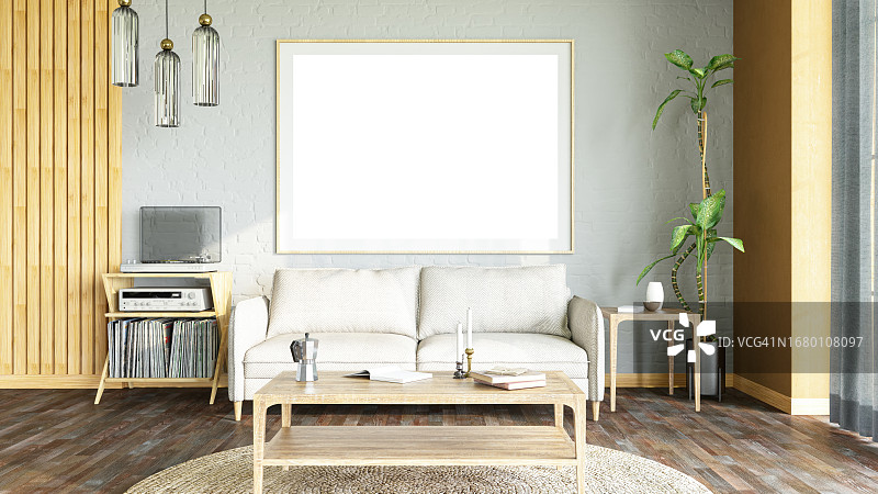 舒适房间墙上的空相框样机图片素材