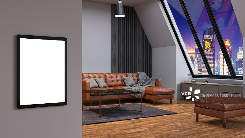 客厅墙上的智能家居平板电脑空白屏幕图片素材