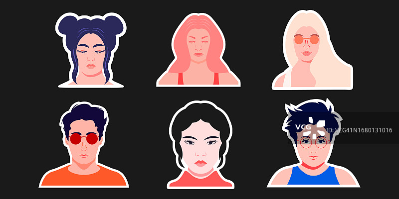 手绘扁平风潮流卡通徽章标签与趣味人物图片素材