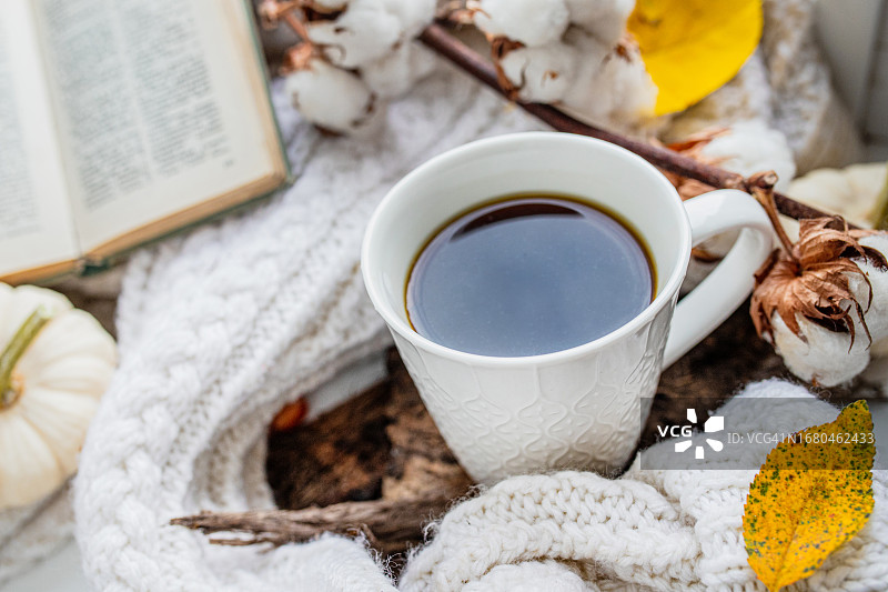 一杯香浓的咖啡，秋叶和干燥棉枝点缀，秋季阅读时光图片素材