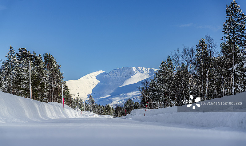 冬季穿过冰冻森林的空雪路图片素材