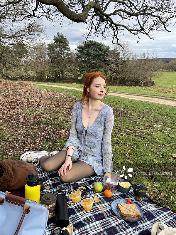 穿着长袖连衣裙的红发女子坐在野餐毯上，前景突出图片素材