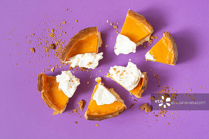 紫色背景上的南瓜派，感恩节甜点图片素材